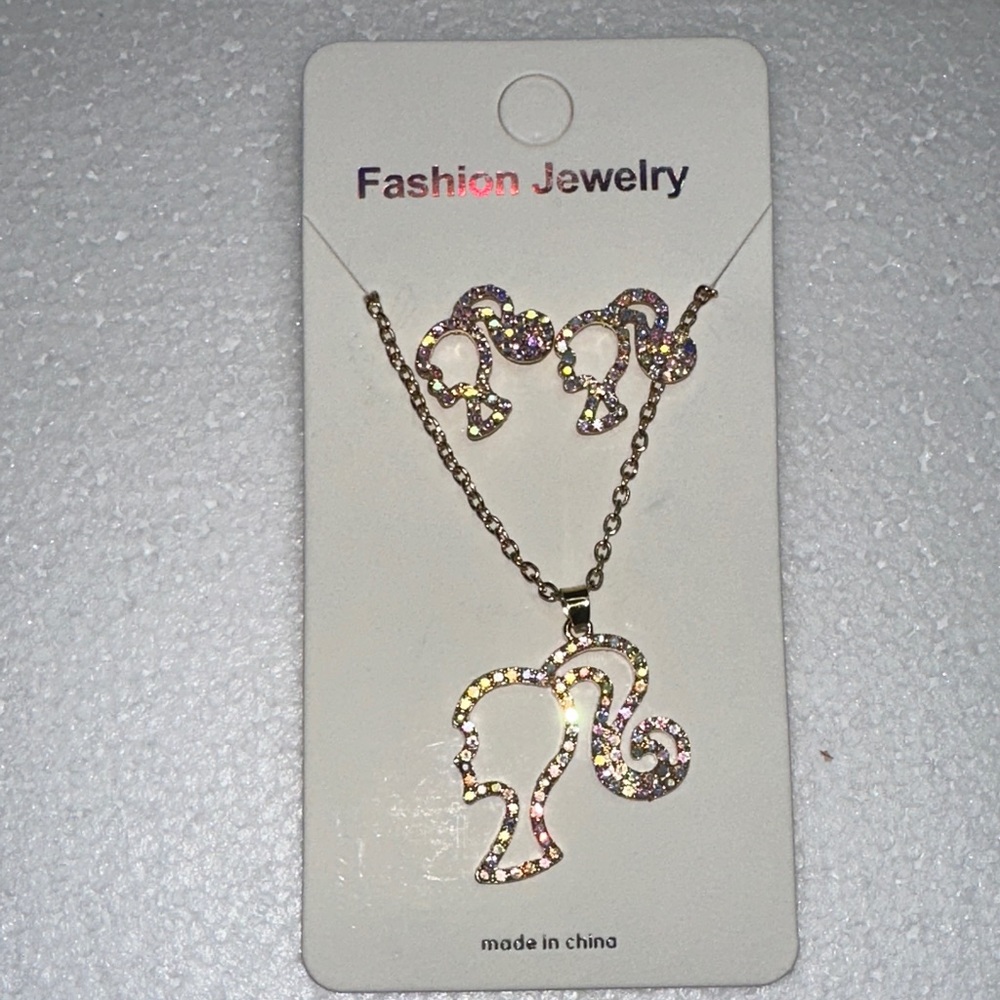 Rhinestone Ponytail Silhouette Necklace & Earring Set - Gold Tone